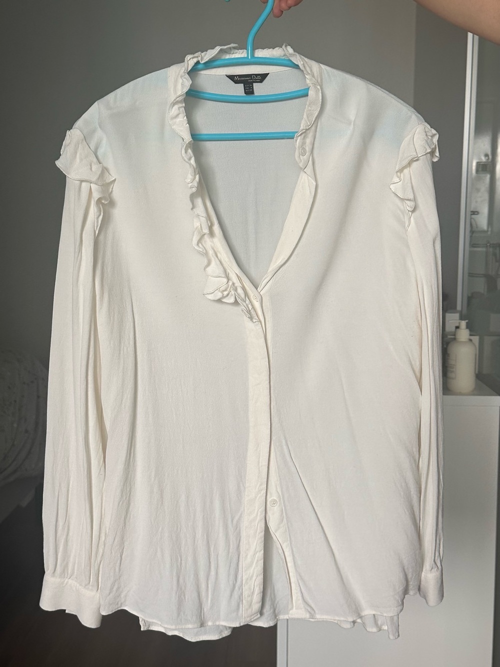Massimo Dutti Cream Ruffle-Trim V-Neck White Blouse